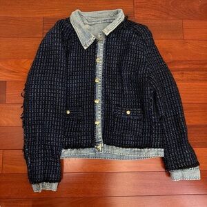 Textured Navy Tweed Jacket with Denim Trim